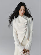 Silver Buckle Accents Fuzzy Knit Asymmetrical Placket Sweater - COPPING THREADS - SALTHE