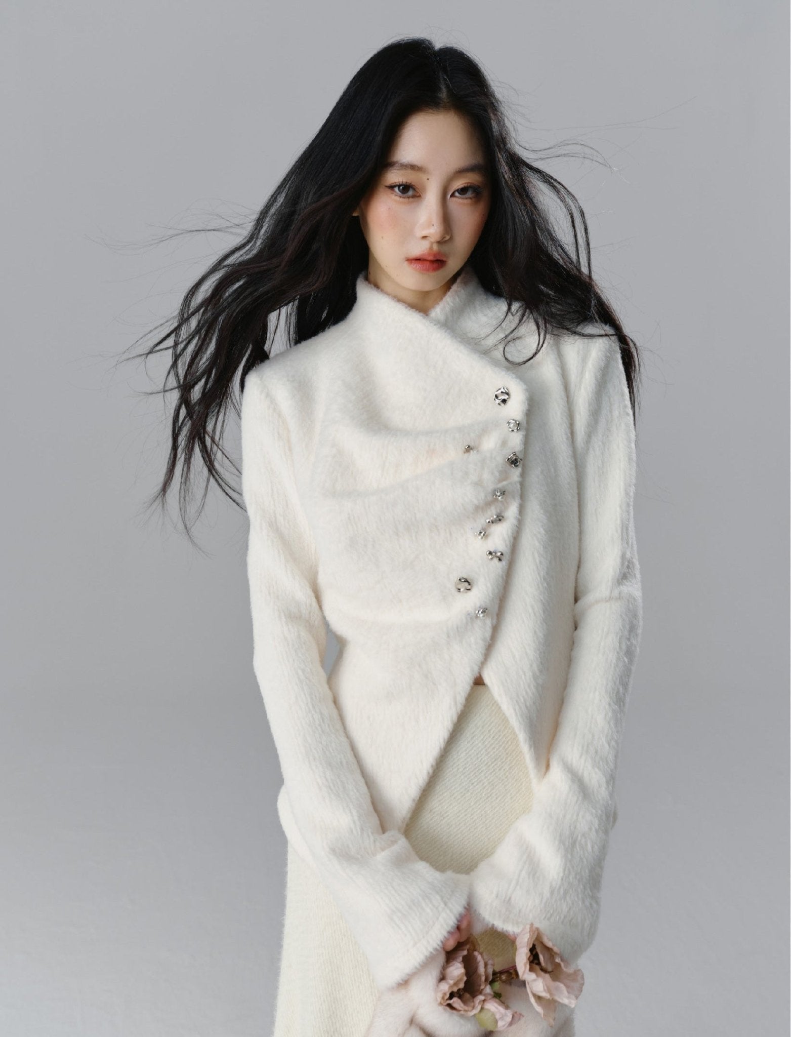 Silver Buckle Accents Fuzzy Knit Asymmetrical Placket Sweater - COPPING THREADS - SALTHE