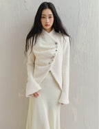 Silver Buckle Accents Fuzzy Knit Asymmetrical Placket Sweater - COPPING THREADS - SALTHE