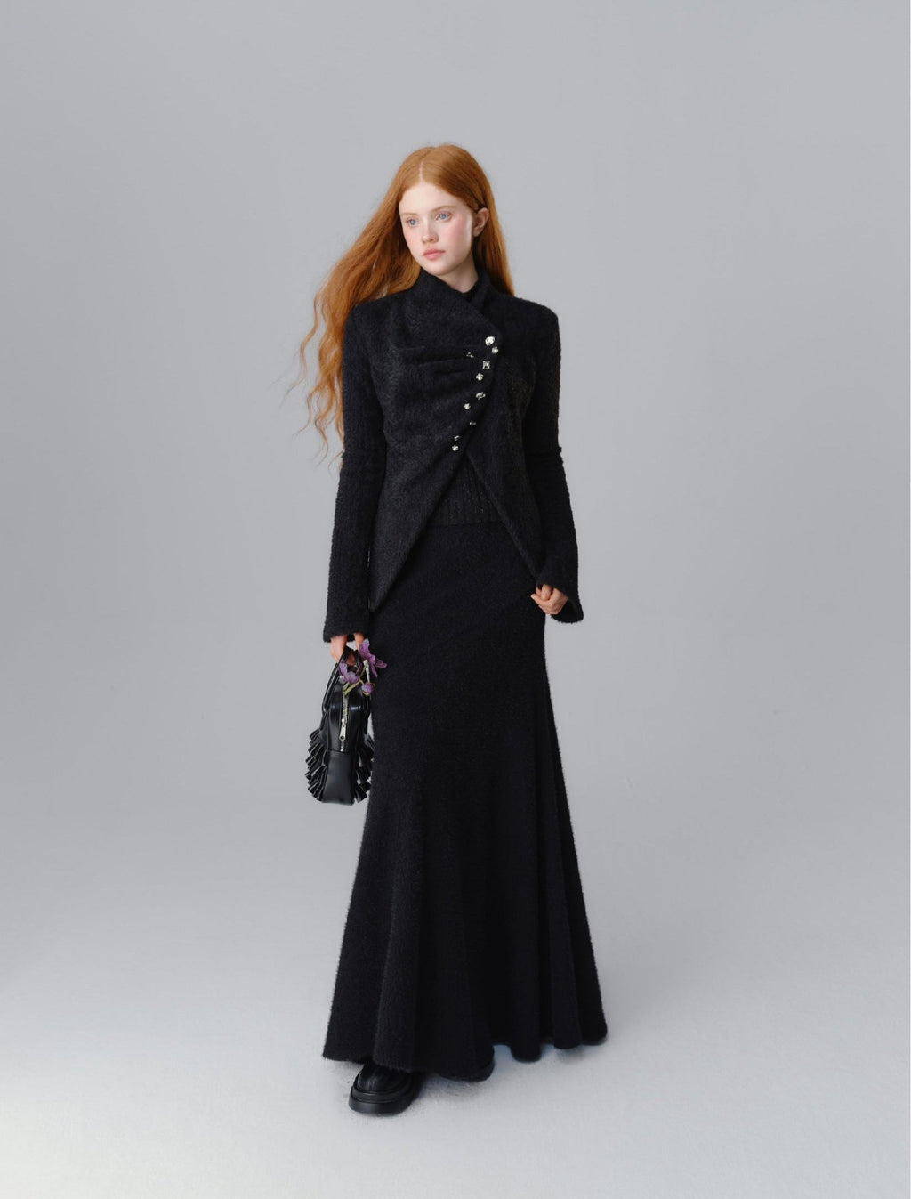 Silver Buckle Accents Fuzzy Knit Asymmetrical Placket Sweater - COPPING THREADS - SALTHE