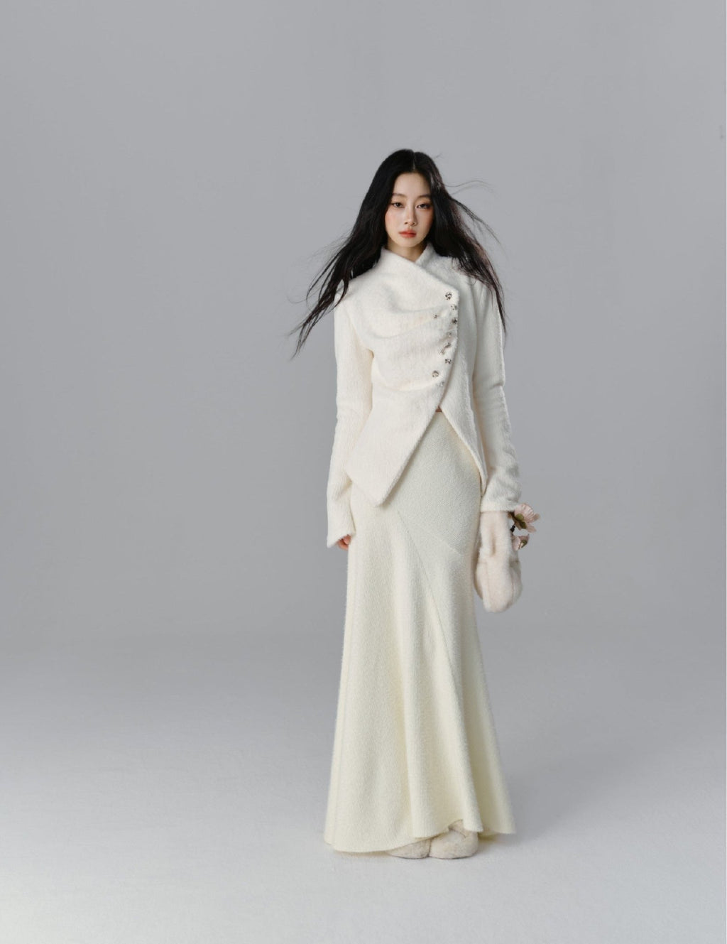 Silver Buckle Accents Fuzzy Knit Asymmetrical Placket Sweater - COPPING THREADS - SALTHE