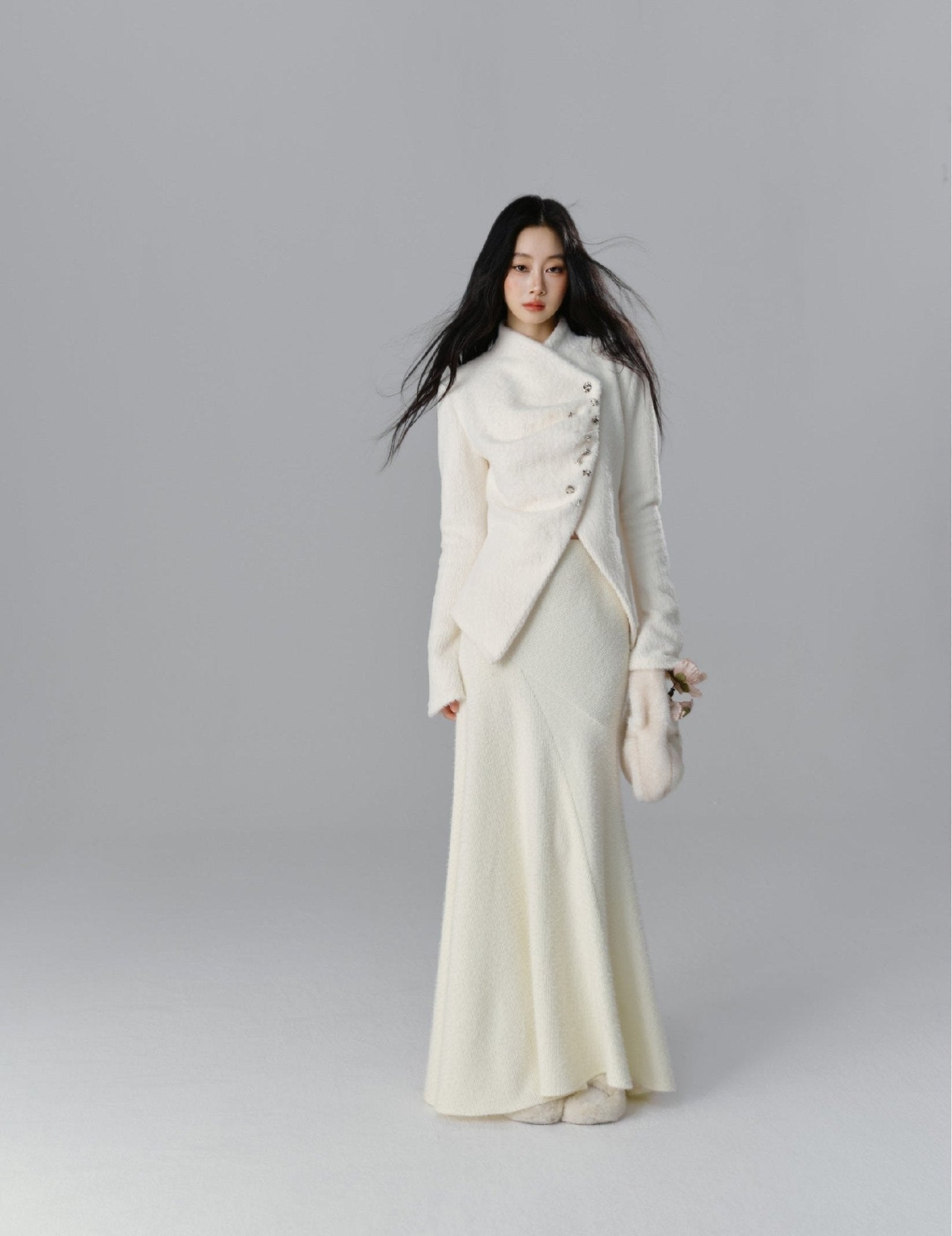 Silver Buckle Accents Fuzzy Knit Asymmetrical Placket Sweater - COPPING THREADS - SALTHE