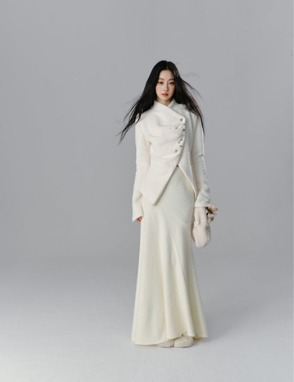 Silver Buckle Accents Fuzzy Knit Asymmetrical Placket Sweater - COPPING THREADS - SALTHE