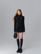 Silver Buckle Accents Fuzzy Knit Asymmetrical Placket Sweater - COPPING THREADS - SALTHE