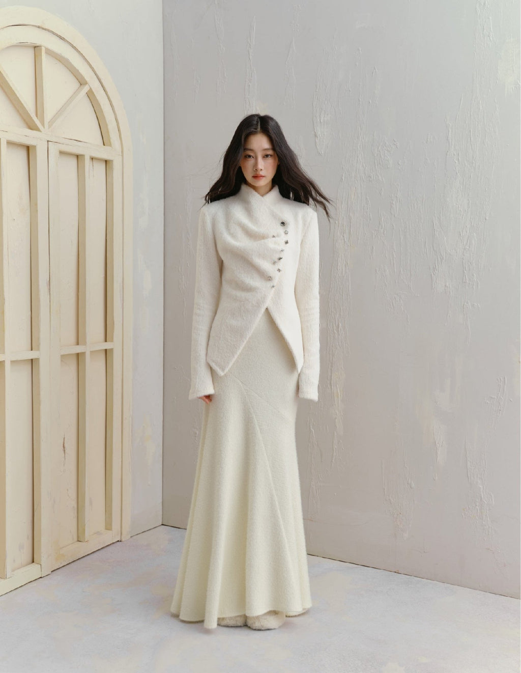 Silver Buckle Accents Fuzzy Knit Asymmetrical Placket Sweater - COPPING THREADS - SALTHE