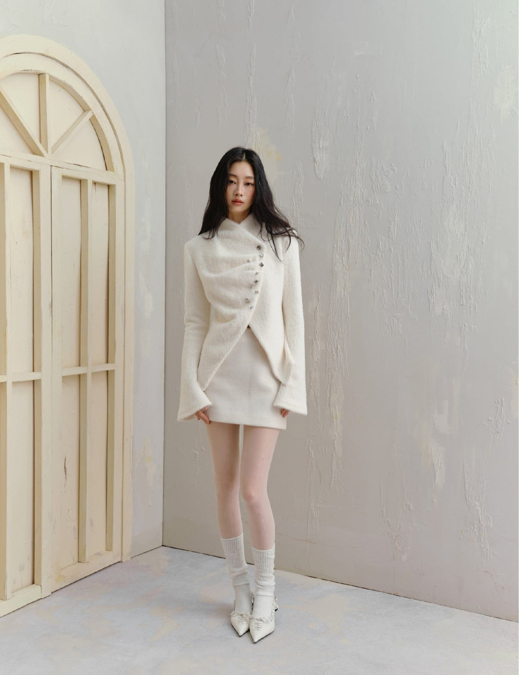 Silver Buckle Accents Fuzzy Knit Asymmetrical Placket Sweater - COPPING THREADS - SALTHE