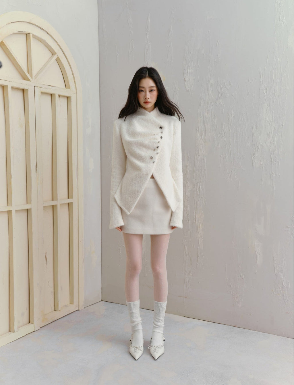 Silver Buckle Accents Fuzzy Knit Asymmetrical Placket Sweater - COPPING THREADS - SALTHE