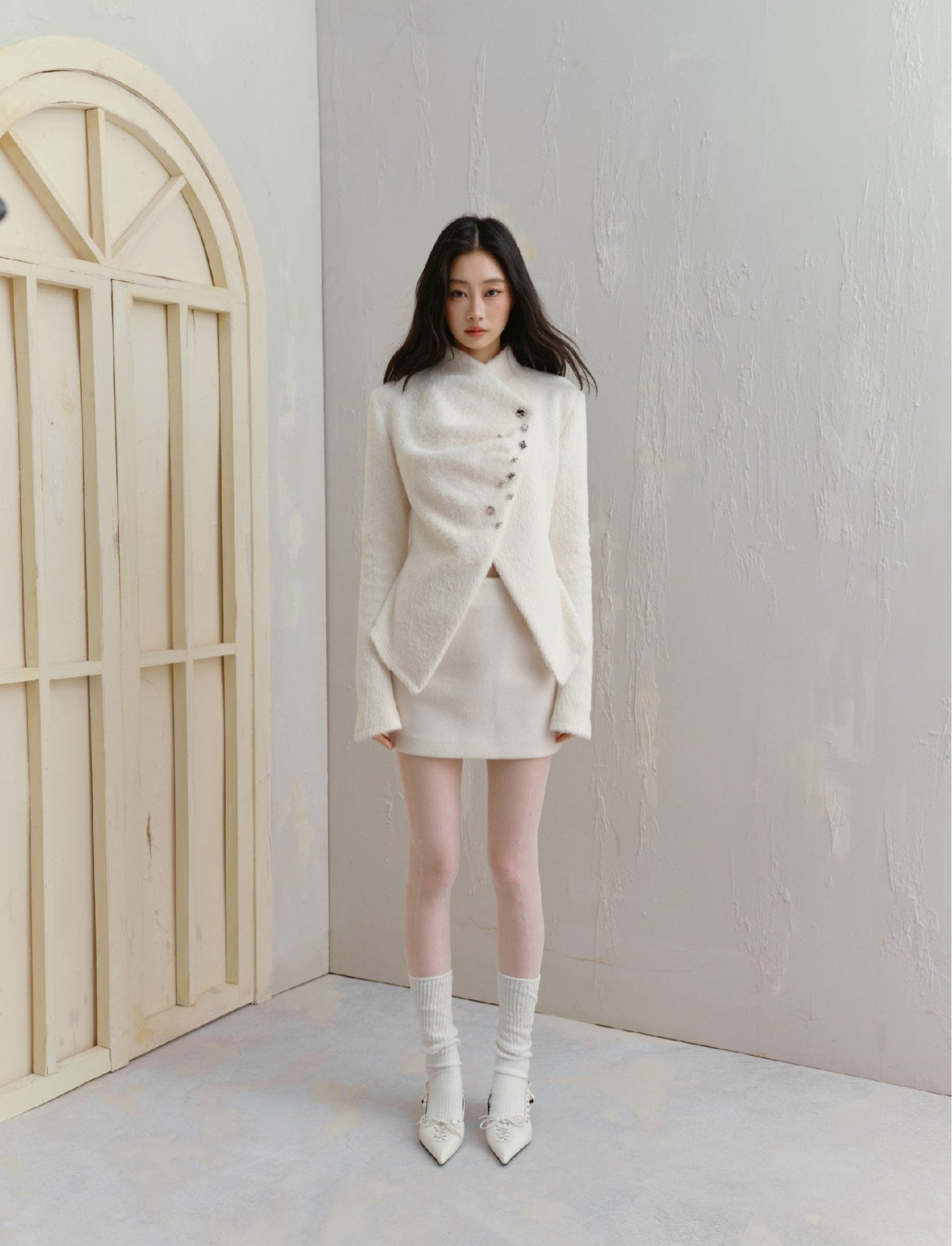 Silver Buckle Accents Fuzzy Knit Asymmetrical Placket Sweater - COPPING THREADS - SALTHE