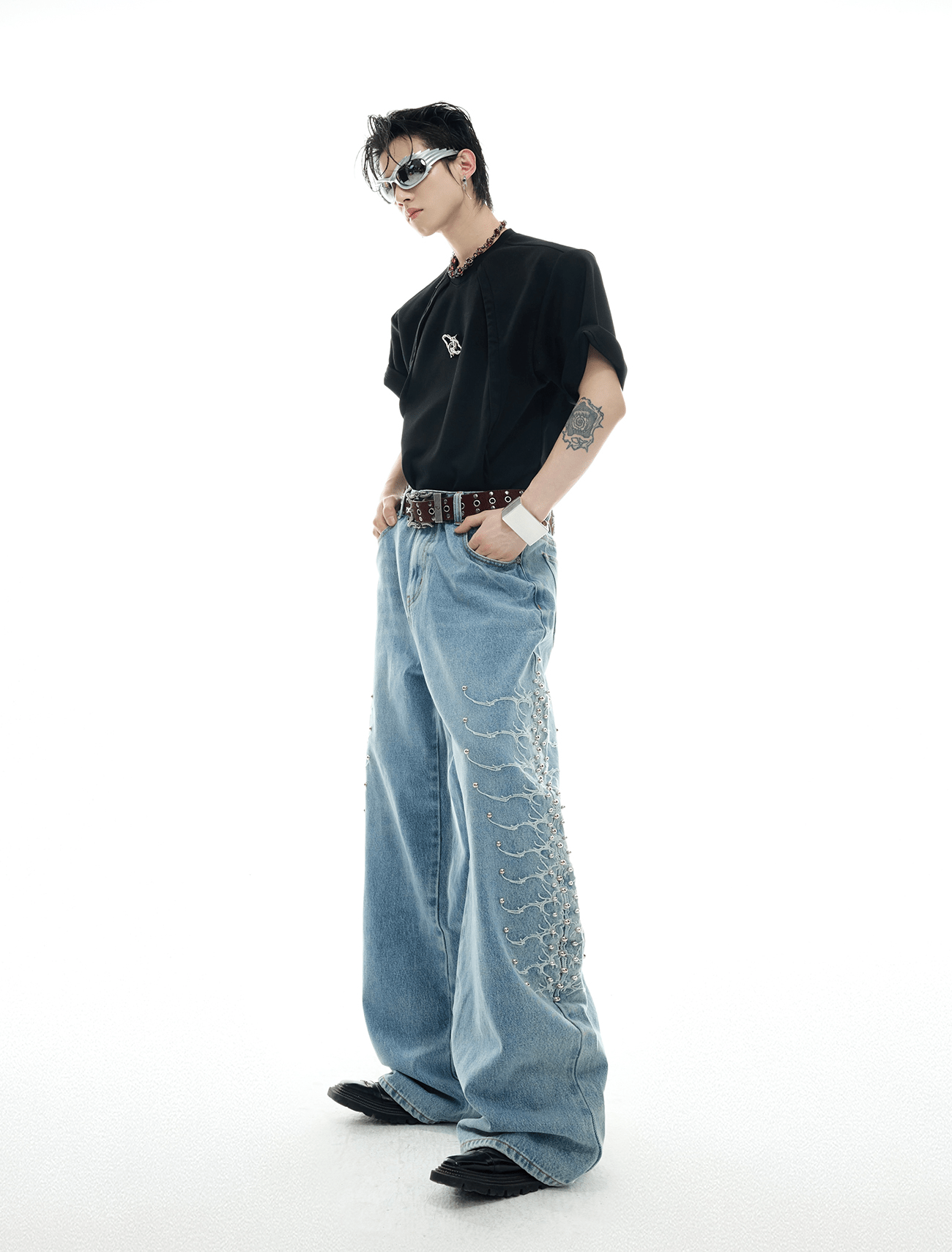Spine Stud Embroidered Wide - Leg Washed Jeans - COPPING THREADS - ArguE CulturE