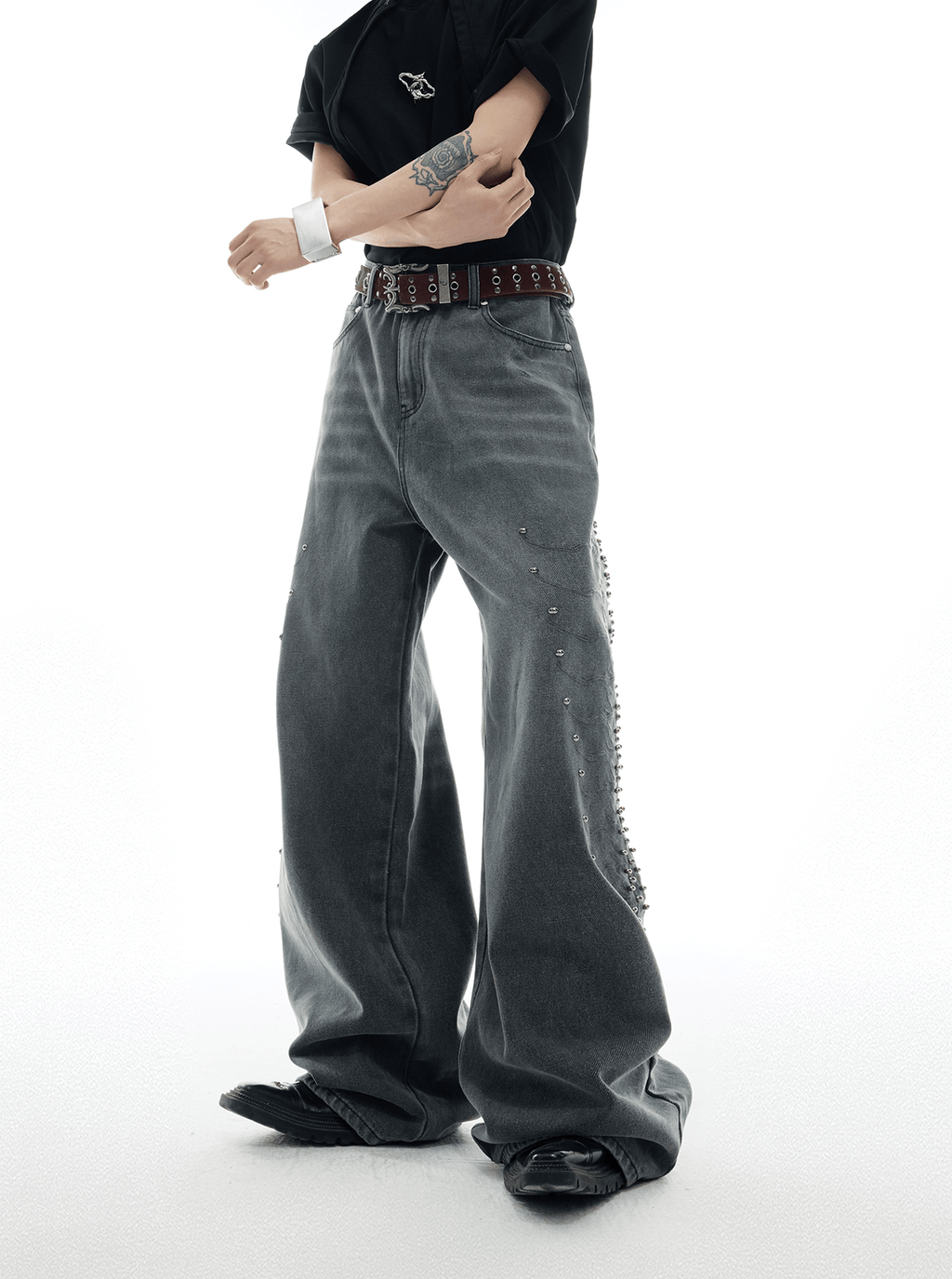 Spine Stud Embroidered Wide - Leg Washed Jeans - COPPING THREADS - ArguE CulturE