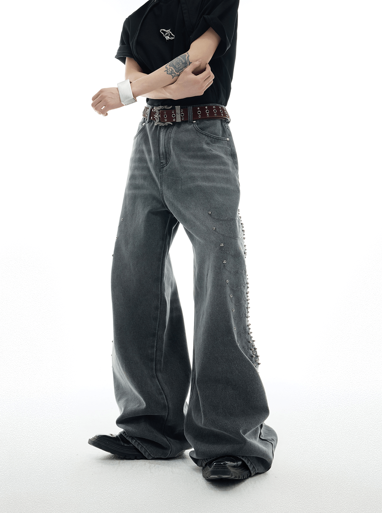 Spine Stud Embroidered Wide - Leg Washed Jeans - COPPING THREADS - ArguE CulturE