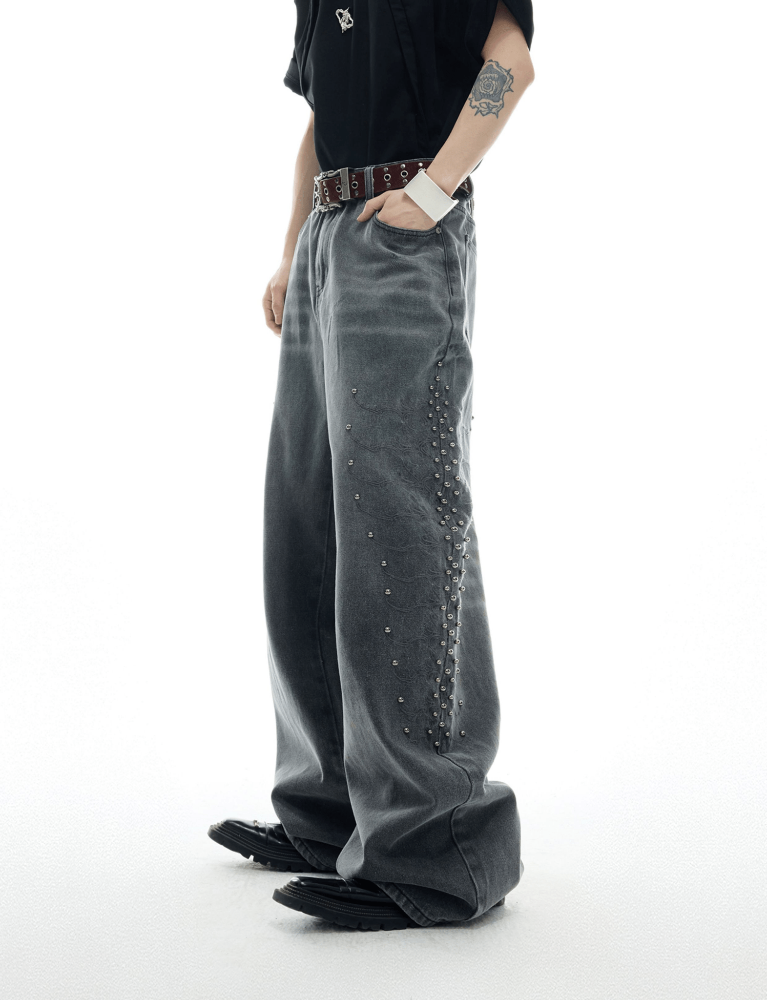 Spine Stud Embroidered Wide - Leg Washed Jeans - COPPING THREADS - ArguE CulturE