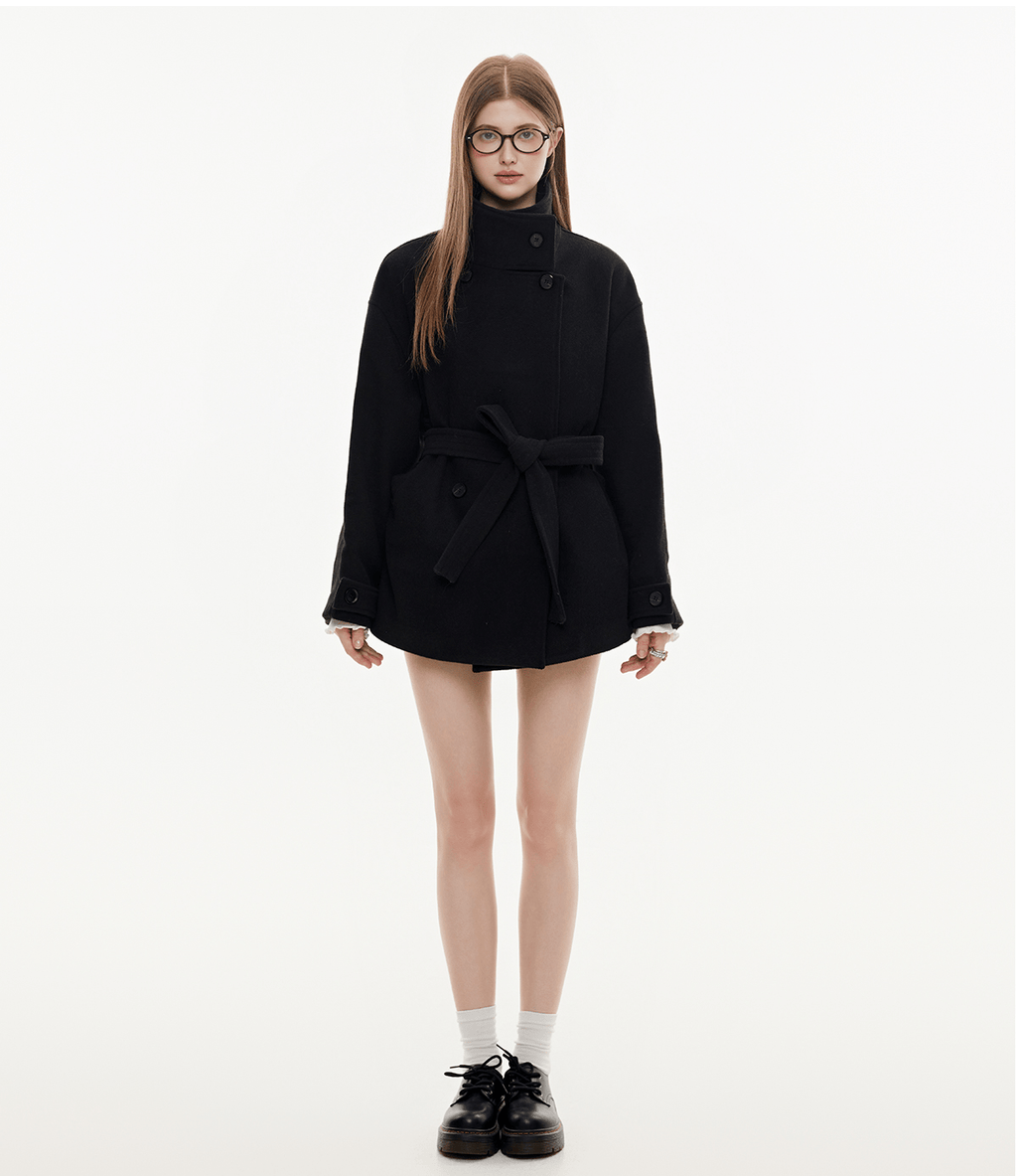 Stand Collar Belted Wool Coat - COPPING THREADS - CHICISLAND