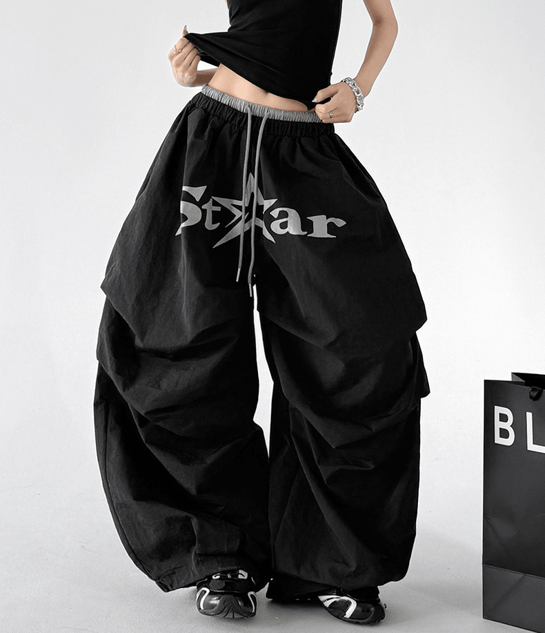 Star Print Drawstring Waist Curved Wide - Leg Parachute Pants – CT730 - COPPING THREADS - CT Select Main image