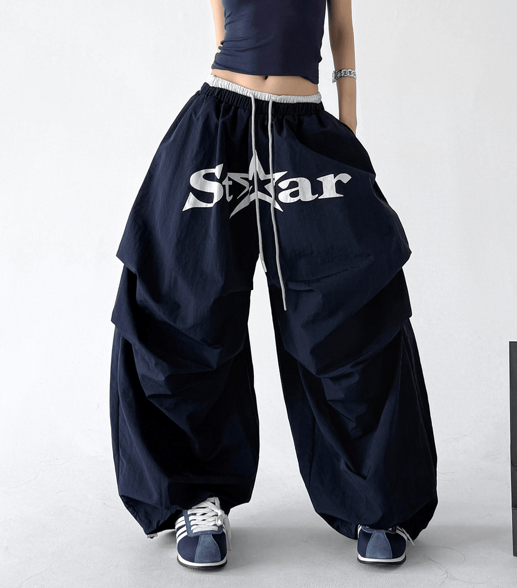 Star Print Drawstring Waist Curved Wide - Leg Parachute Pants – CT730 - COPPING THREADS - CT Select