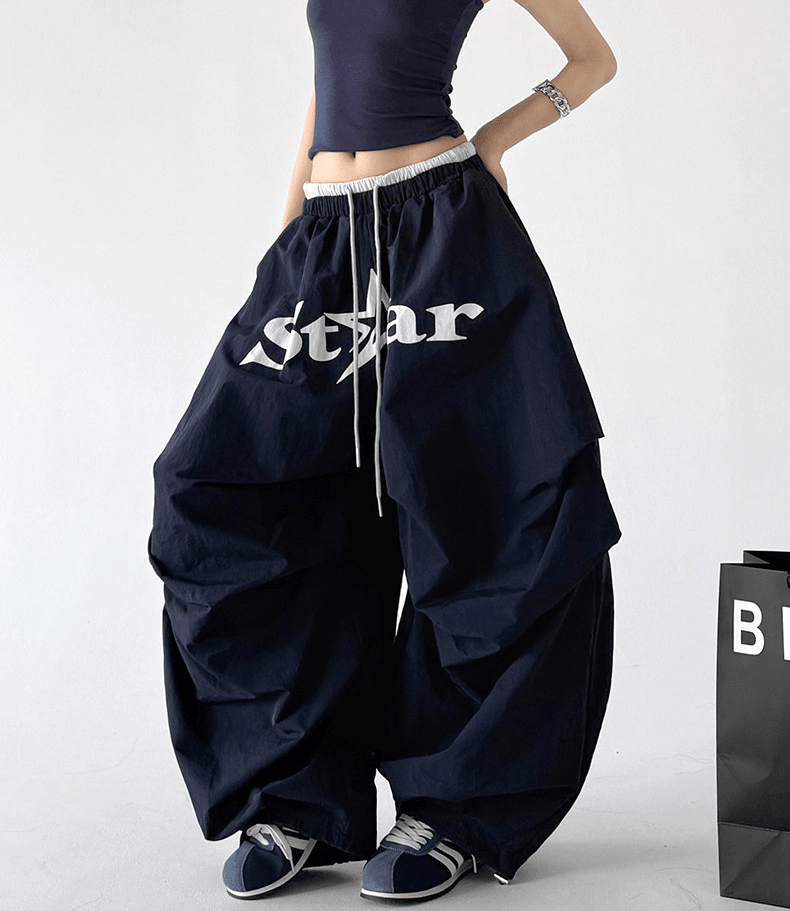 Star Print Drawstring Waist Curved Wide - Leg Parachute Pants – CT730 - COPPING THREADS - CT Select