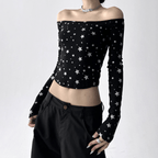 Star Print Off‑Shoulder Ribbed Top - COPPING THREADS - CT Select