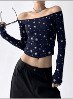 Star Print Off‑Shoulder Ribbed Top - COPPING THREADS - CT Select