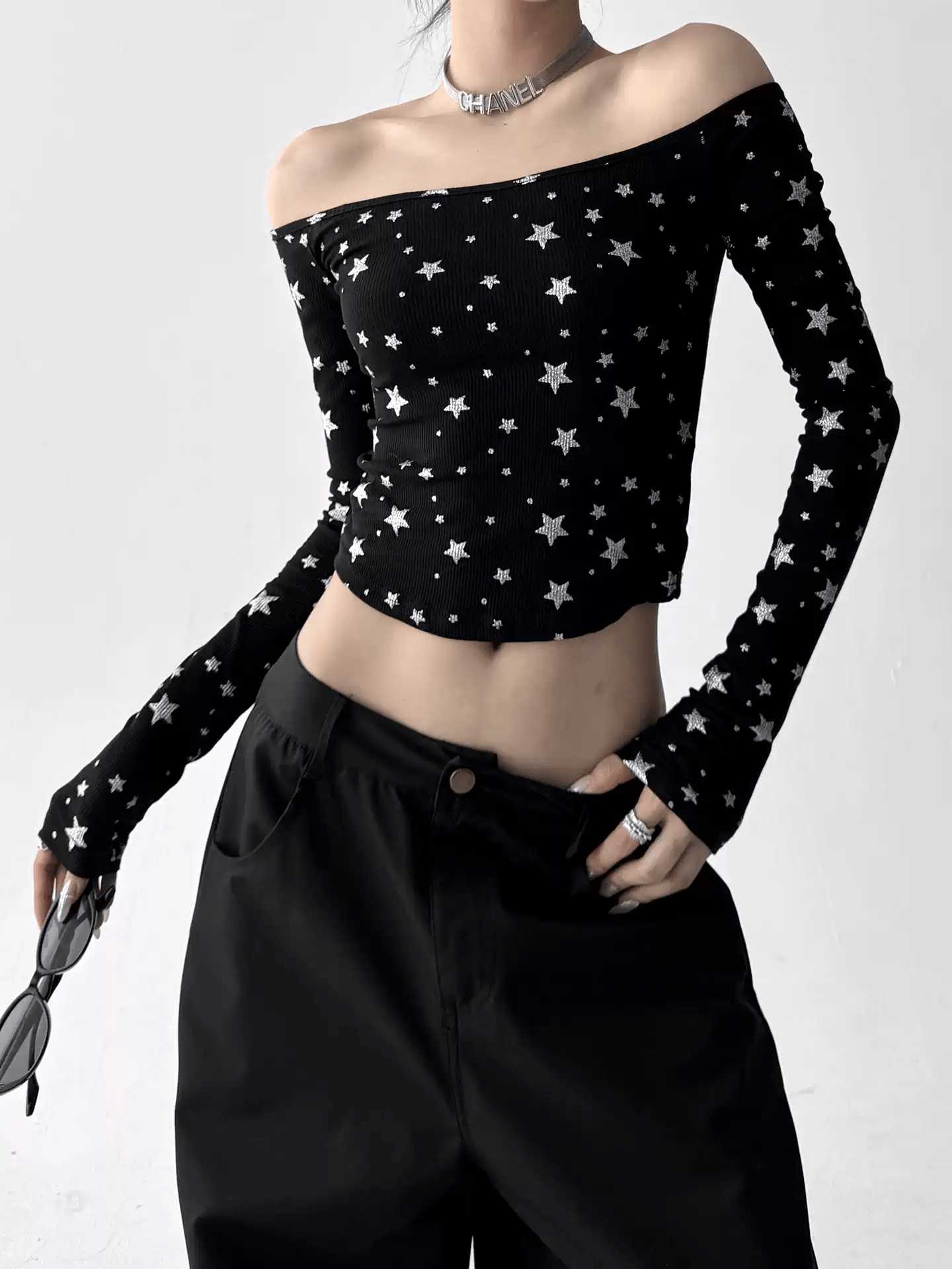 Star Print Off‑Shoulder Ribbed Top - COPPING THREADS - CT Select