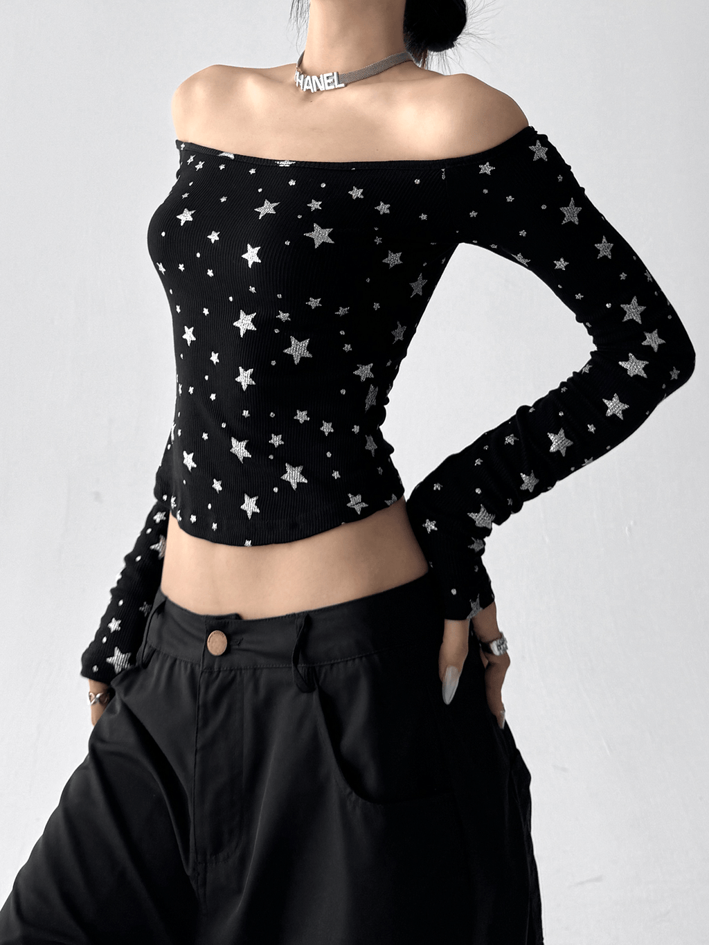 Star Print Off‑Shoulder Ribbed Top - COPPING THREADS - CT Select