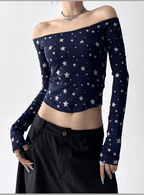 Star Print Off‑Shoulder Ribbed Top - COPPING THREADS - CT Select