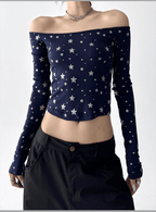 Star Print Off‑Shoulder Ribbed Top - COPPING THREADS - CT Select