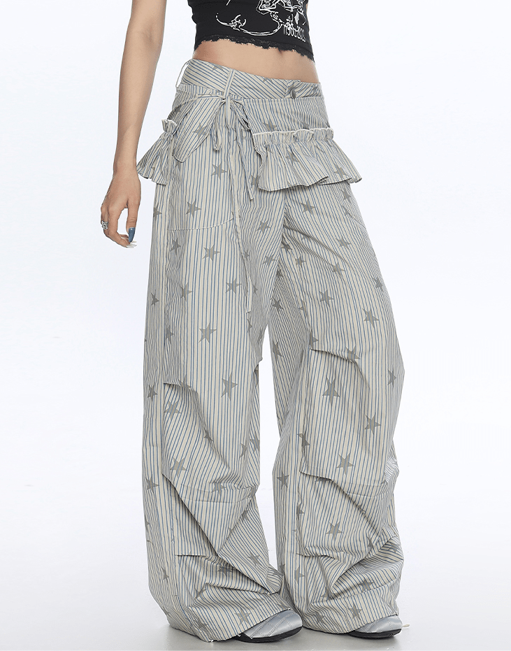 Star Print Striped Utility Pants with Ruffle Hip Flap - COPPING THREADS - CT Select