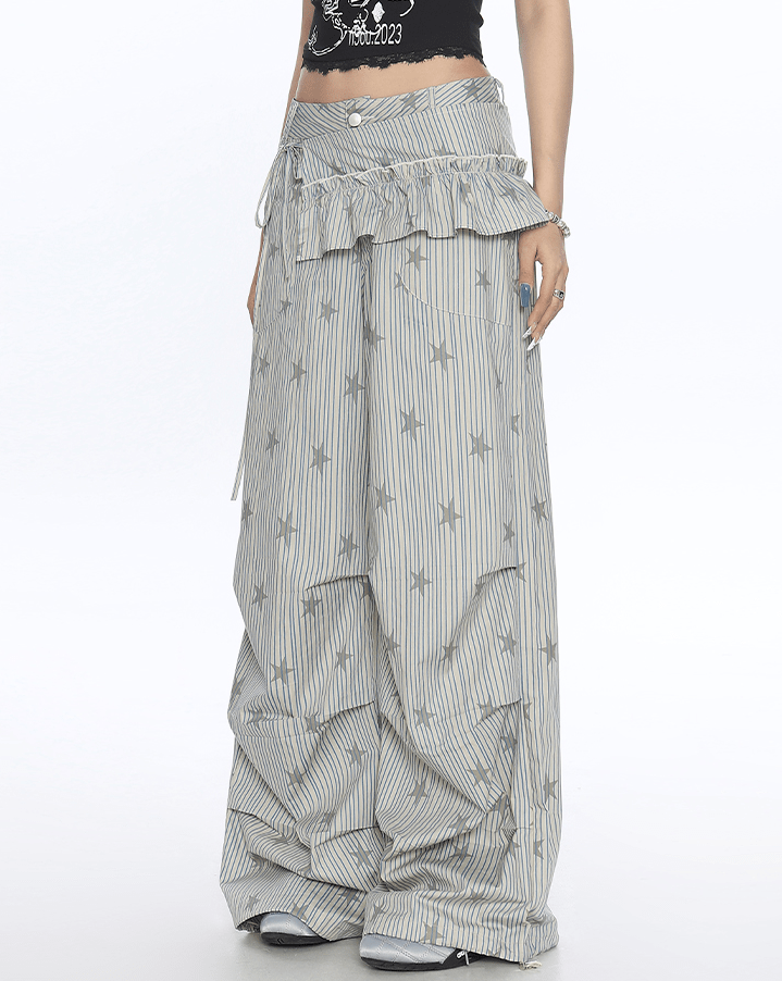 Star Print Striped Utility Pants with Ruffle Hip Flap - COPPING THREADS - CT Select