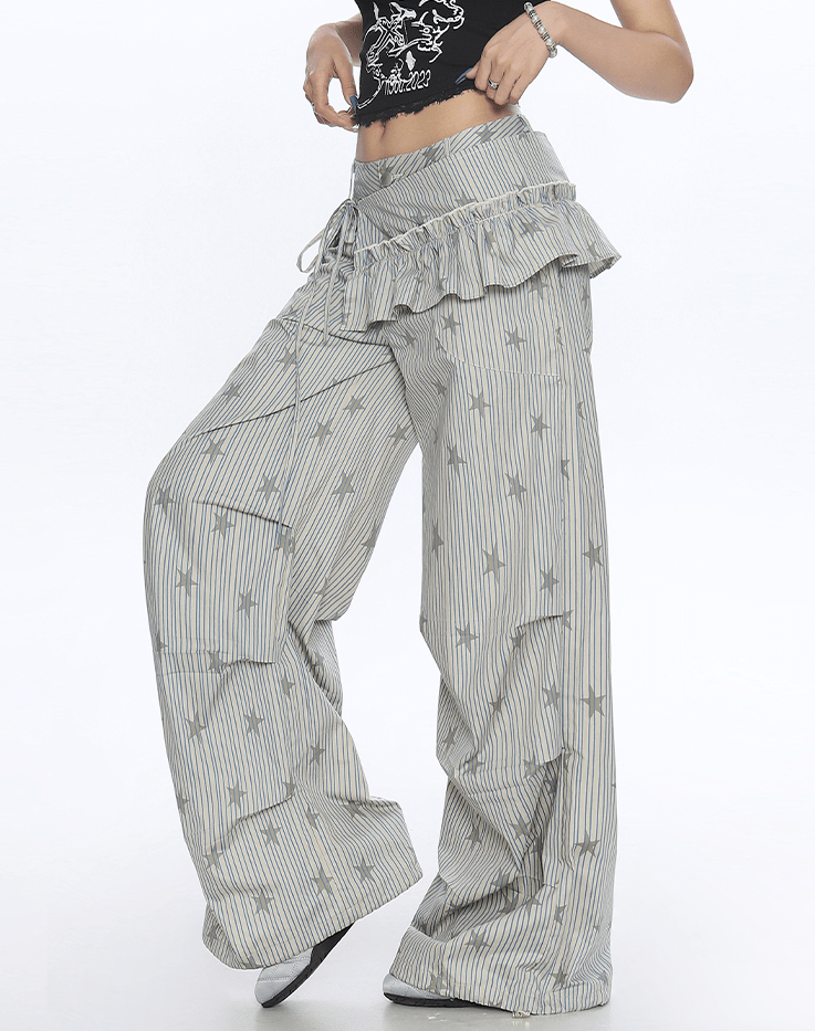 Star Print Striped Utility Pants with Ruffle Hip Flap - COPPING THREADS - CT Select