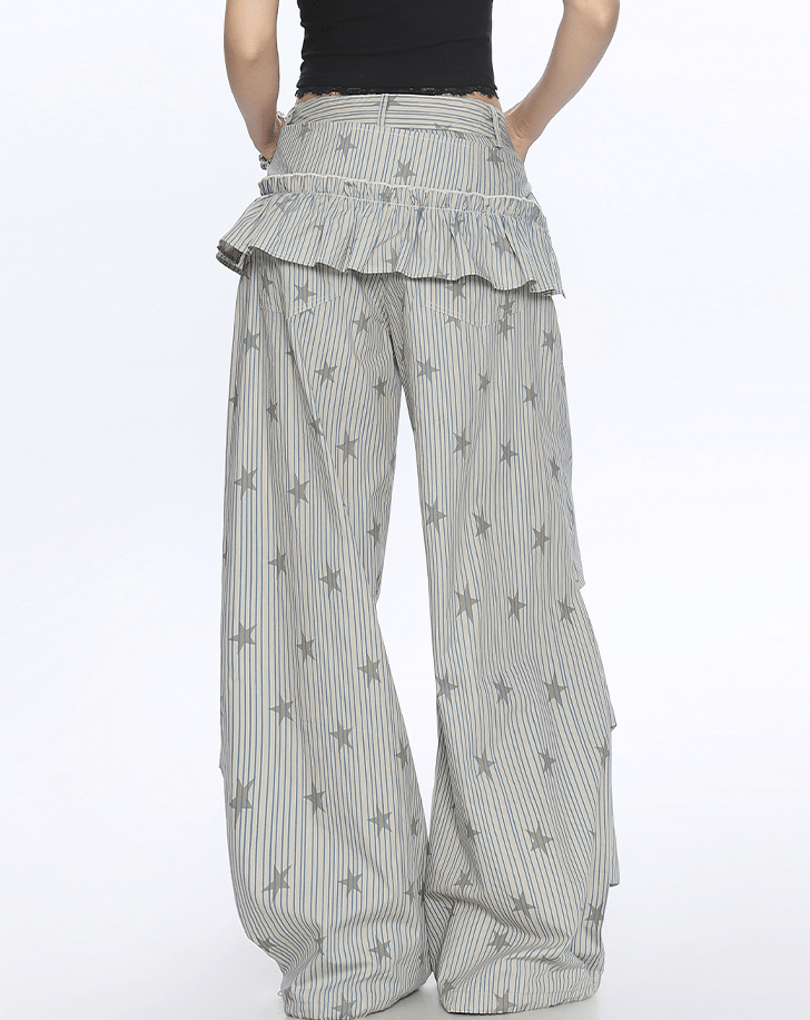 Star Print Striped Utility Pants with Ruffle Hip Flap - COPPING THREADS - CT Select