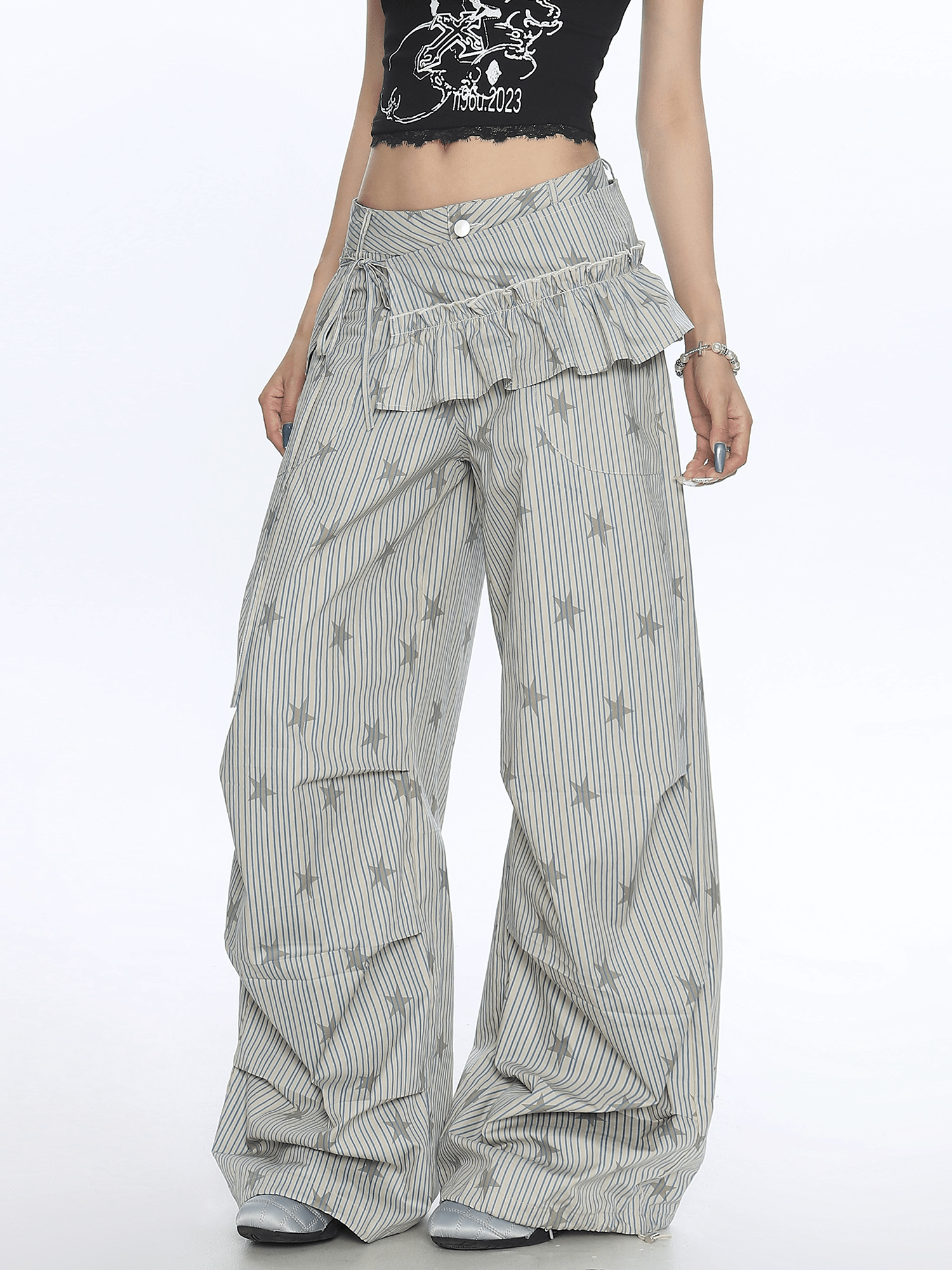 Star Print Striped Utility Pants with Ruffle Hip Flap Secondary image