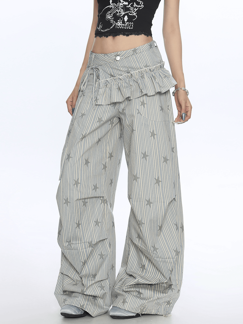 Star Print Striped Utility Pants with Ruffle Hip Flap - COPPING THREADS - CT Select