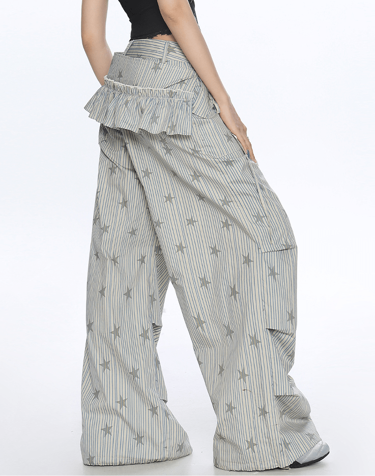 Star Print Striped Utility Pants with Ruffle Hip Flap - COPPING THREADS - CT Select