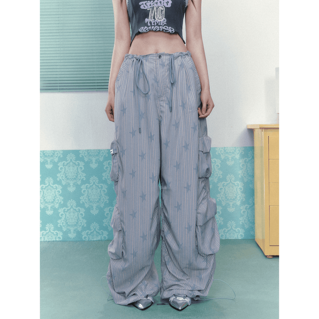 Star Stripe Multi - Pocket Drawstring Cargo Pants - COPPING THREADS - Jikoo Hover Image
