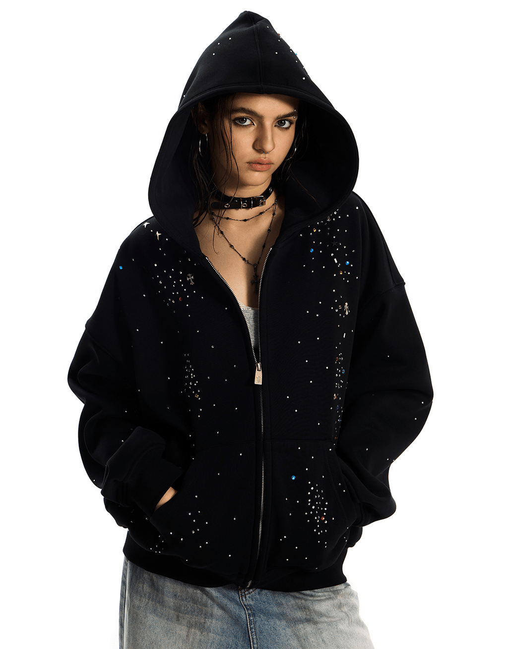 Starburst Rhinestone Cross Zip Hoodie - COPPING THREADS - 0123Start