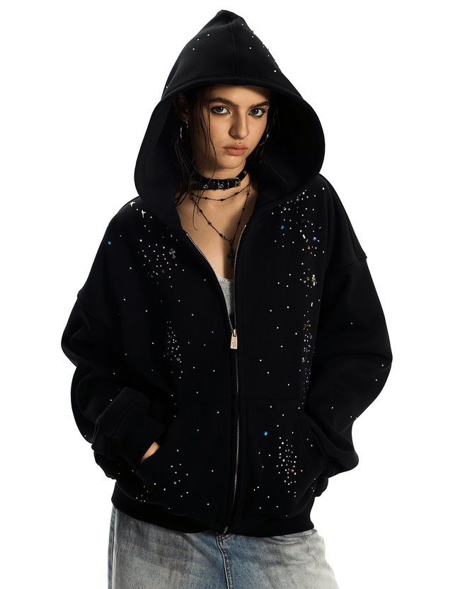 Starburst Rhinestone Cross Zip Hoodie - COPPING THREADS - 0123Start Hover Image