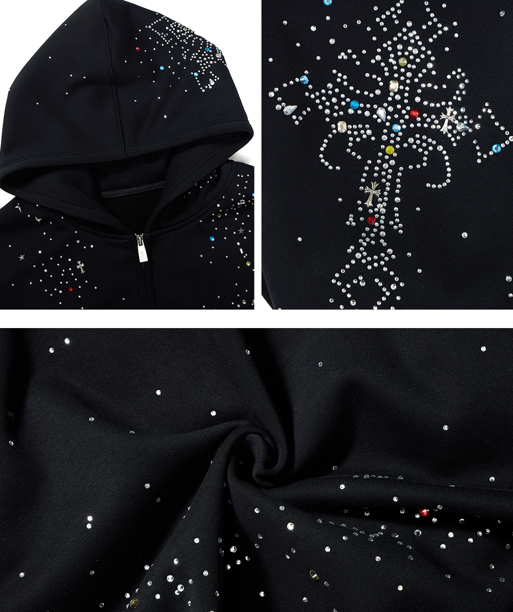 Starburst Rhinestone Cross Zip Hoodie - COPPING THREADS - 0123Start