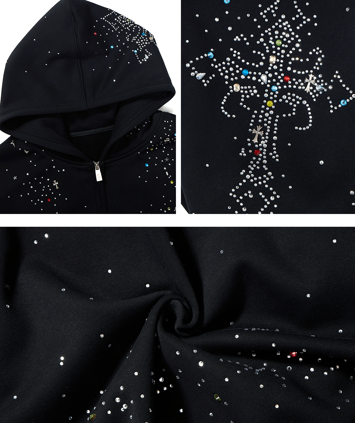 Starburst Rhinestone Cross Zip Hoodie - COPPING THREADS - 0123Start