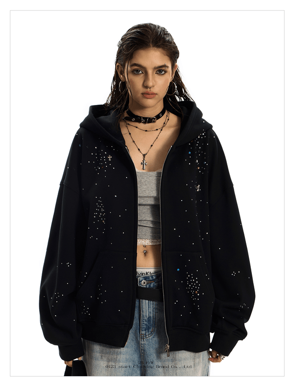 Starburst Rhinestone Cross Zip Hoodie - COPPING THREADS - 0123Start