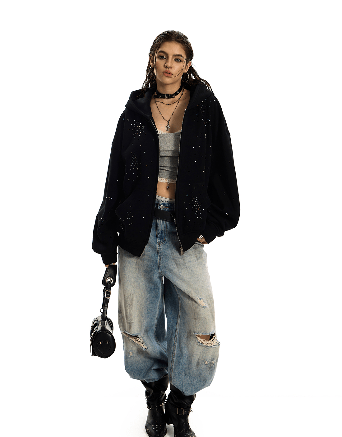 Starburst Rhinestone Cross Zip Hoodie - COPPING THREADS - 0123Start