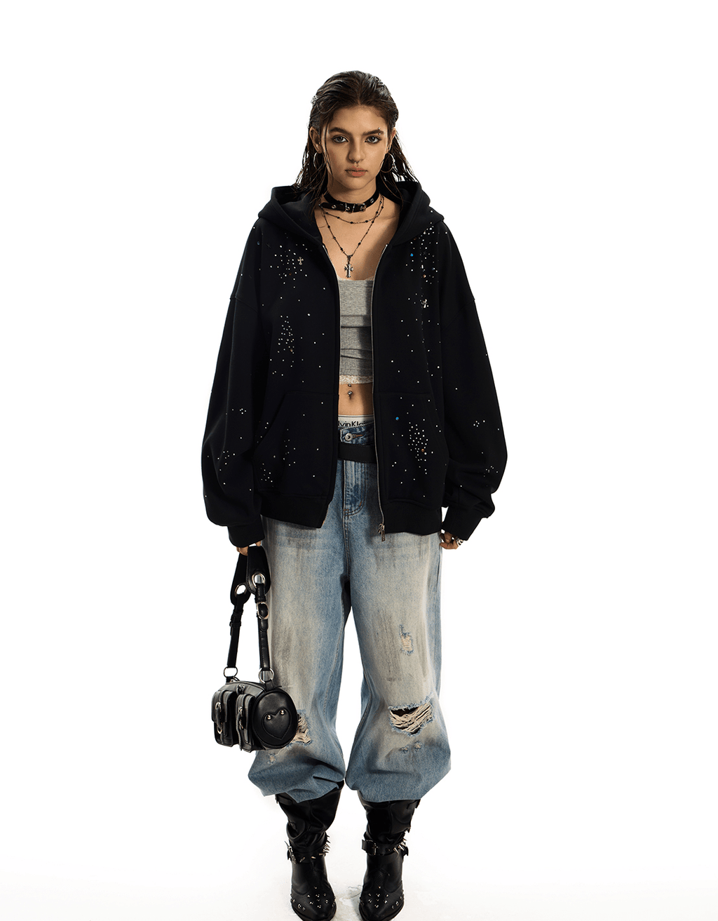 Starburst Rhinestone Cross Zip Hoodie - COPPING THREADS - 0123Start