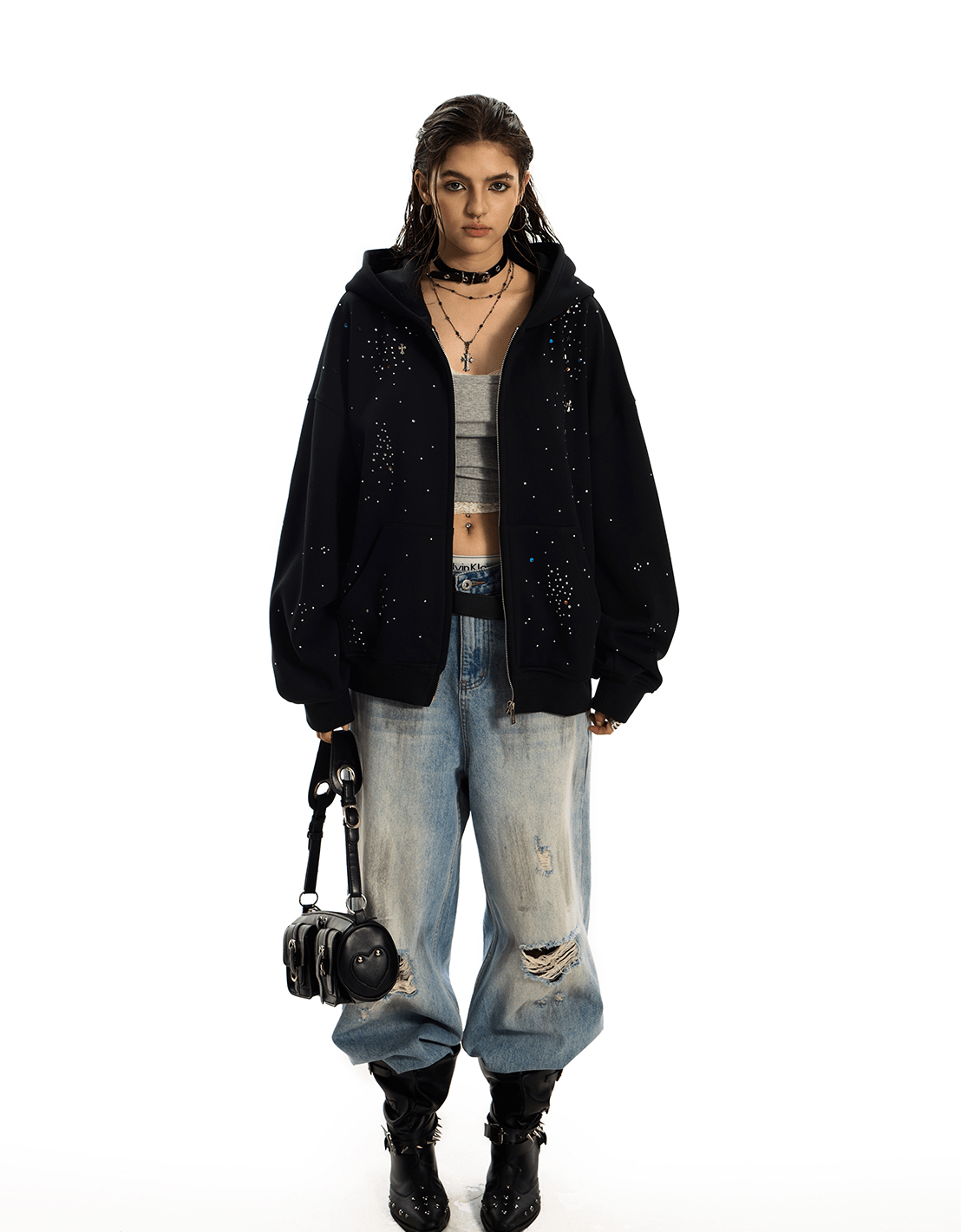 Starburst Rhinestone Cross Zip Hoodie - COPPING THREADS - 0123Start