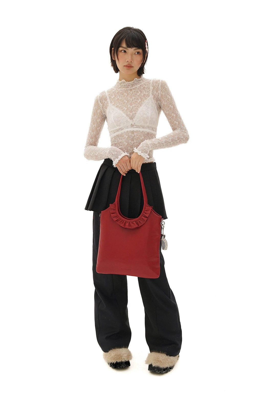 Stretch Lace Ruffled Mock Neck Fitted Long Sleeve Top - COPPING THREADS - MOROMORO