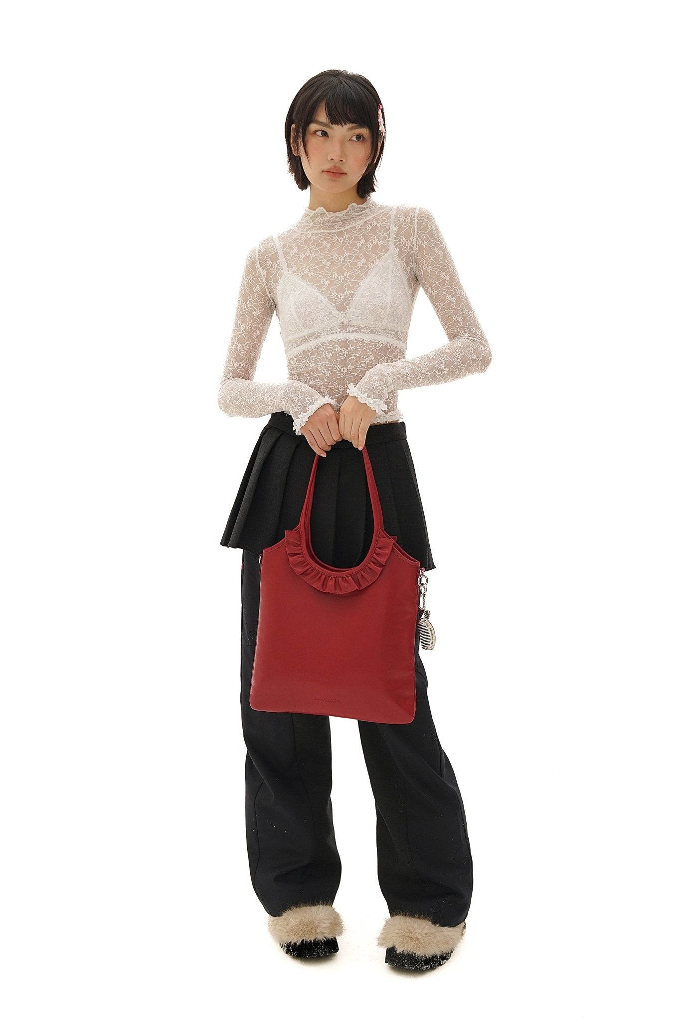 Stretch Lace Ruffled Mock Neck Fitted Long Sleeve Top - COPPING THREADS - MOROMORO