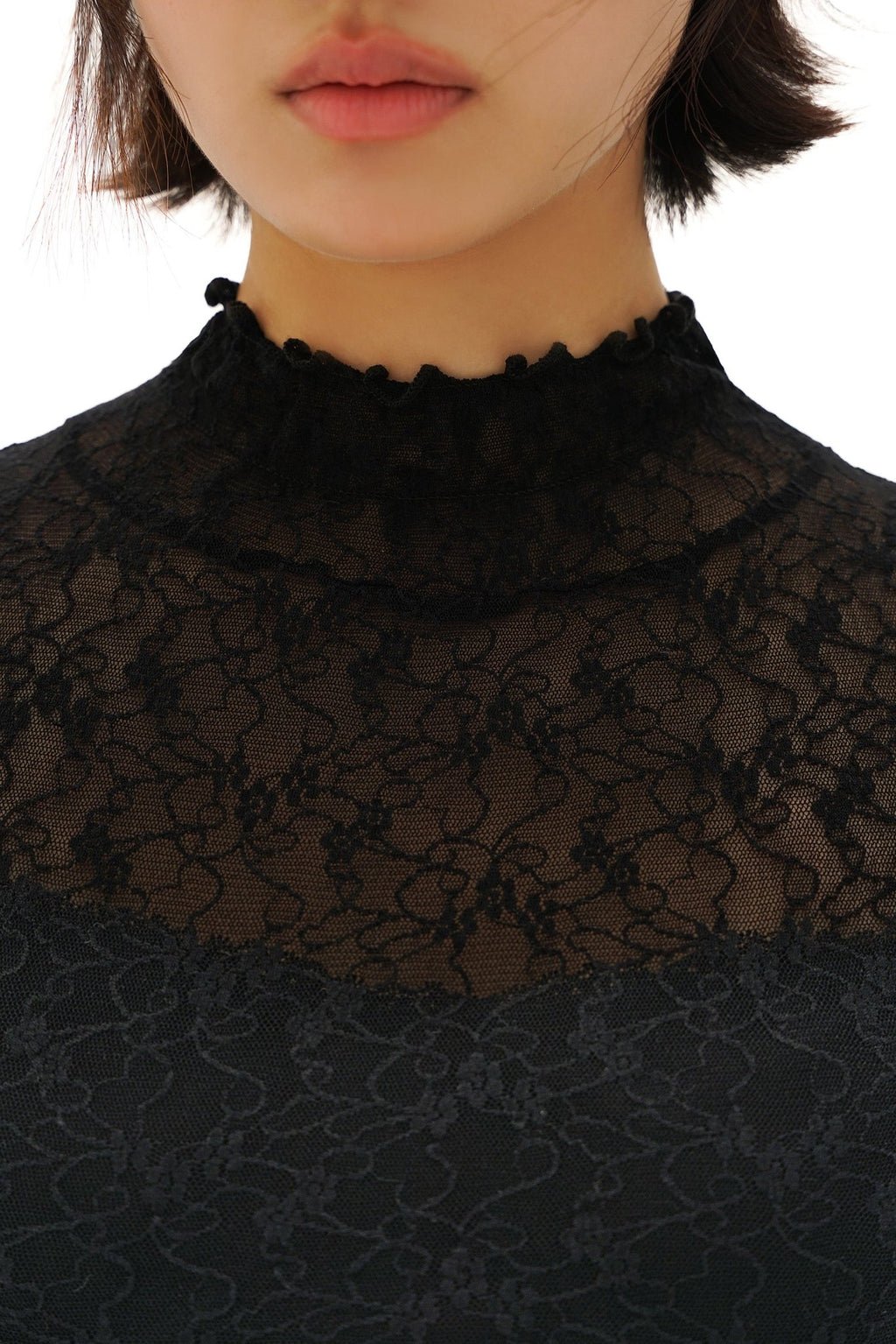 Stretch Lace Ruffled Mock Neck Fitted Long Sleeve Top - COPPING THREADS - MOROMORO