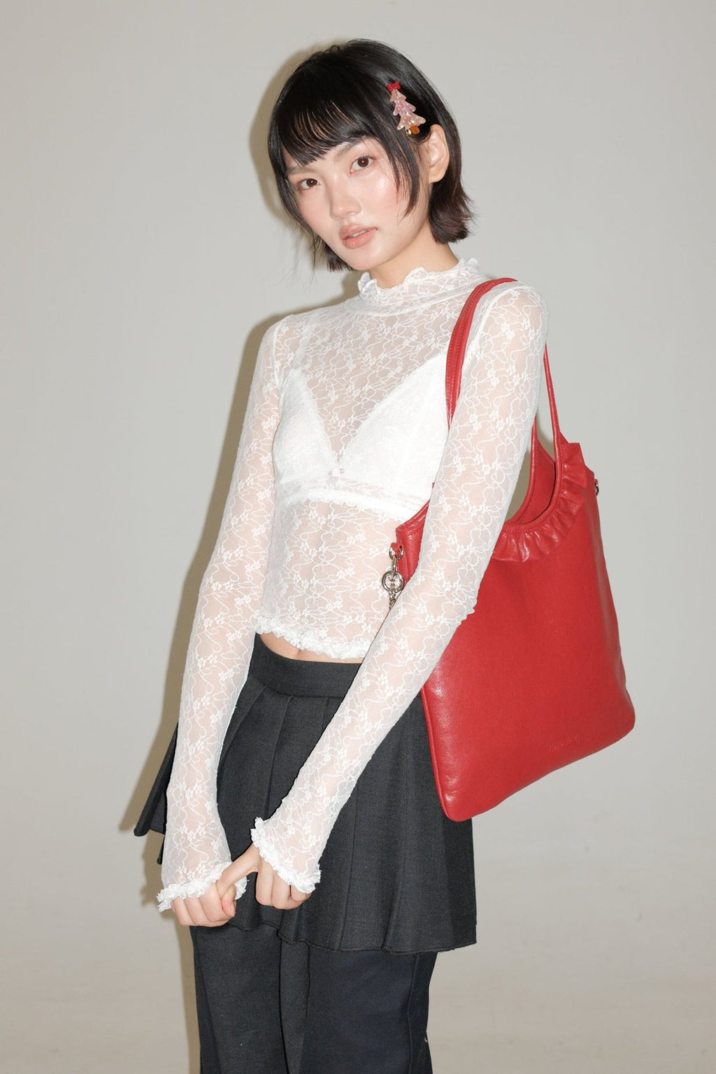 Stretch Lace Ruffled Mock Neck Fitted Long Sleeve Top - COPPING THREADS - MOROMORO