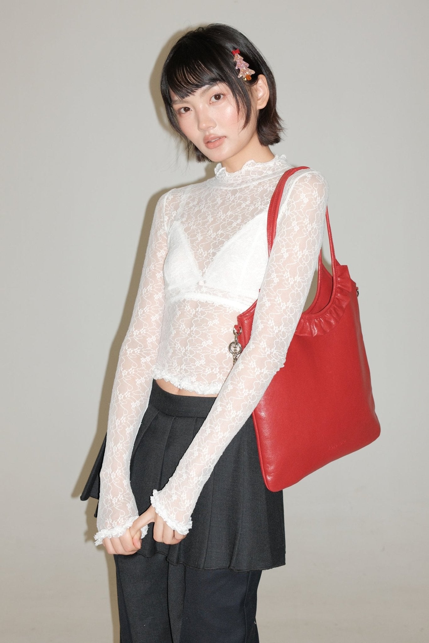 Stretch Lace Ruffled Mock Neck Fitted Long Sleeve Top - COPPING THREADS - MOROMORO