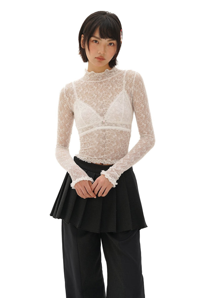 Stretch Lace Ruffled Mock Neck Fitted Long Sleeve Top - COPPING THREADS - MOROMORO Hover Image