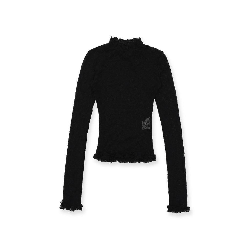 Stretch Lace Ruffled Mock Neck Fitted Long Sleeve Top - COPPING THREADS - MOROMORO