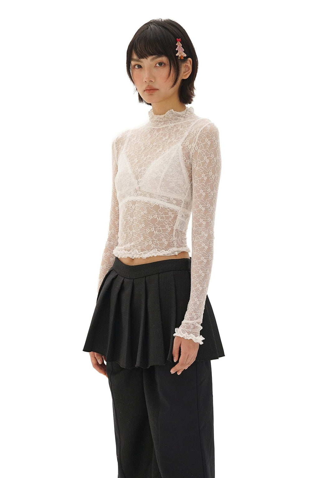 Stretch Lace Ruffled Mock Neck Fitted Long Sleeve Top - COPPING THREADS - MOROMORO